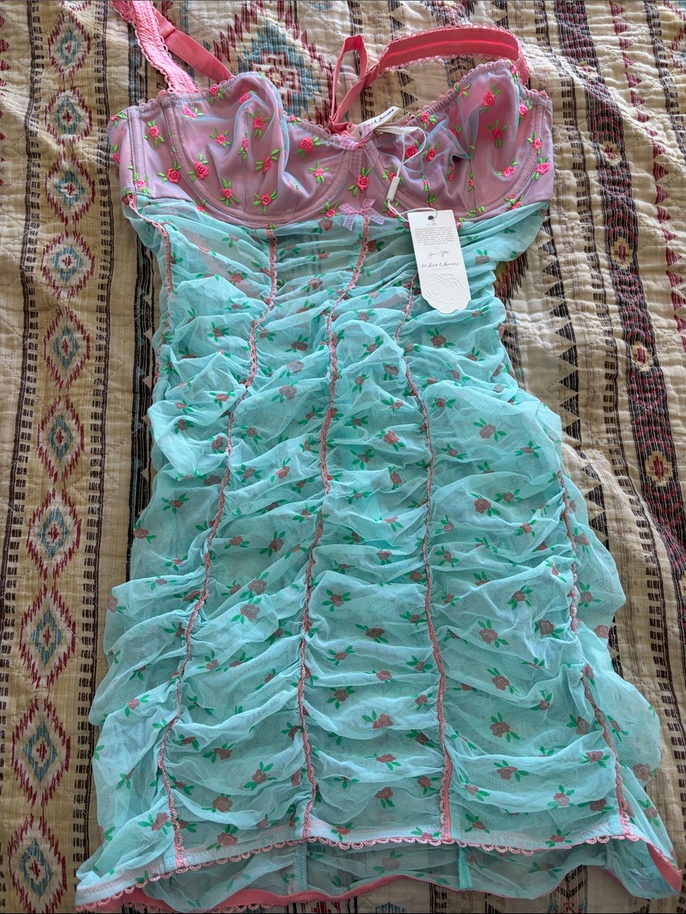 For Love And Lemons Pink & Aqua Floral Mesh Chemise